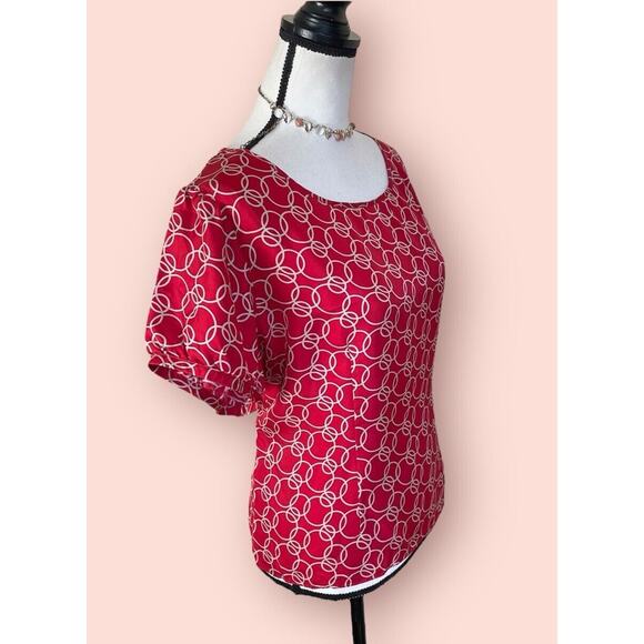 BARRIE PACE Ruby Red Tan Silk Short Sleeve Fitted Blouse Womens 18 2X Plus Top - Picture 6 of 9